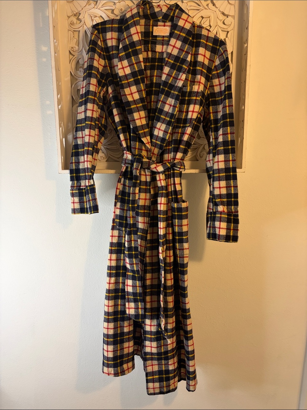 Vintage, Pendleton Navy, Cream & Red Plaid Long Robe with Self Tie